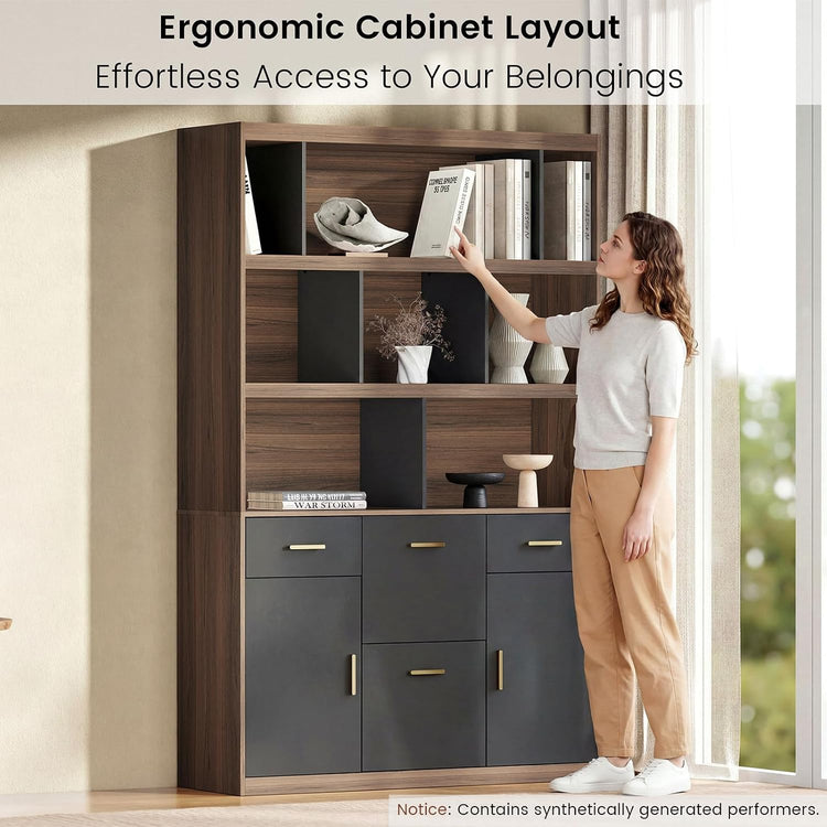 Woman reaching for a book on a tall wood cabinet with shelves and drawers.