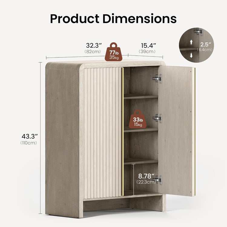 Light wood cabinet shown with one door open, shelves visible, and measurement annotations