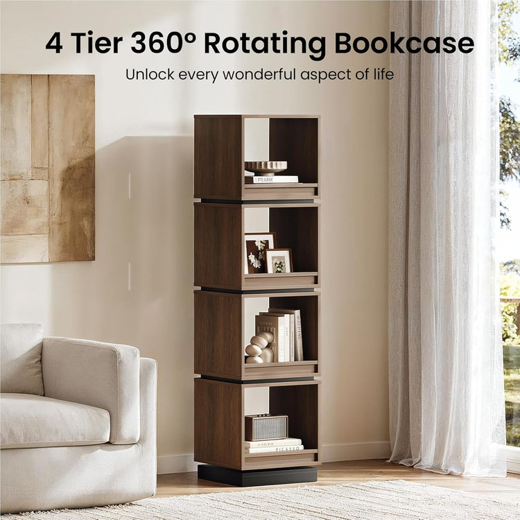 4-Tier 360° Rotating Bookshelf Tower, 59" Wood Organizer Black Walnut