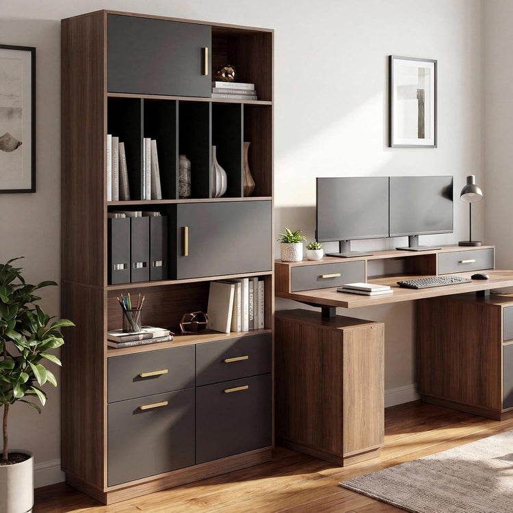 73" Tall Bookcase with 4 Drawers and Doors, Modern Office Storage Cabinet