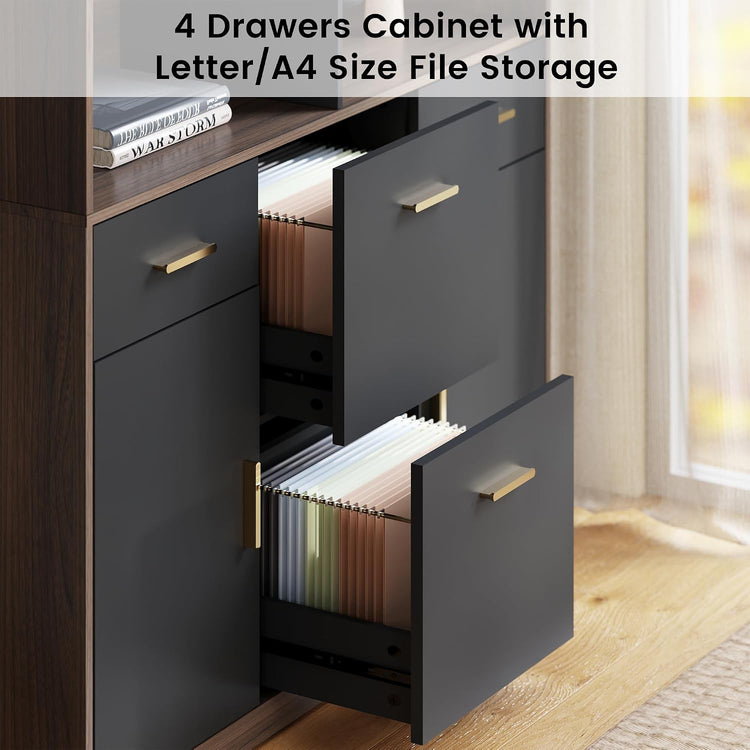 Dark wood four-drawer filing cabinet with two drawers open, showing hanging folders.