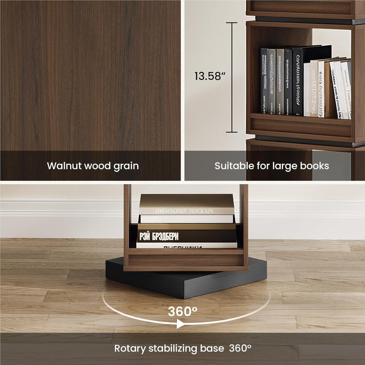 4-Tier 360° Rotating Bookshelf Tower, 59" Wood Organizer Black Walnut
