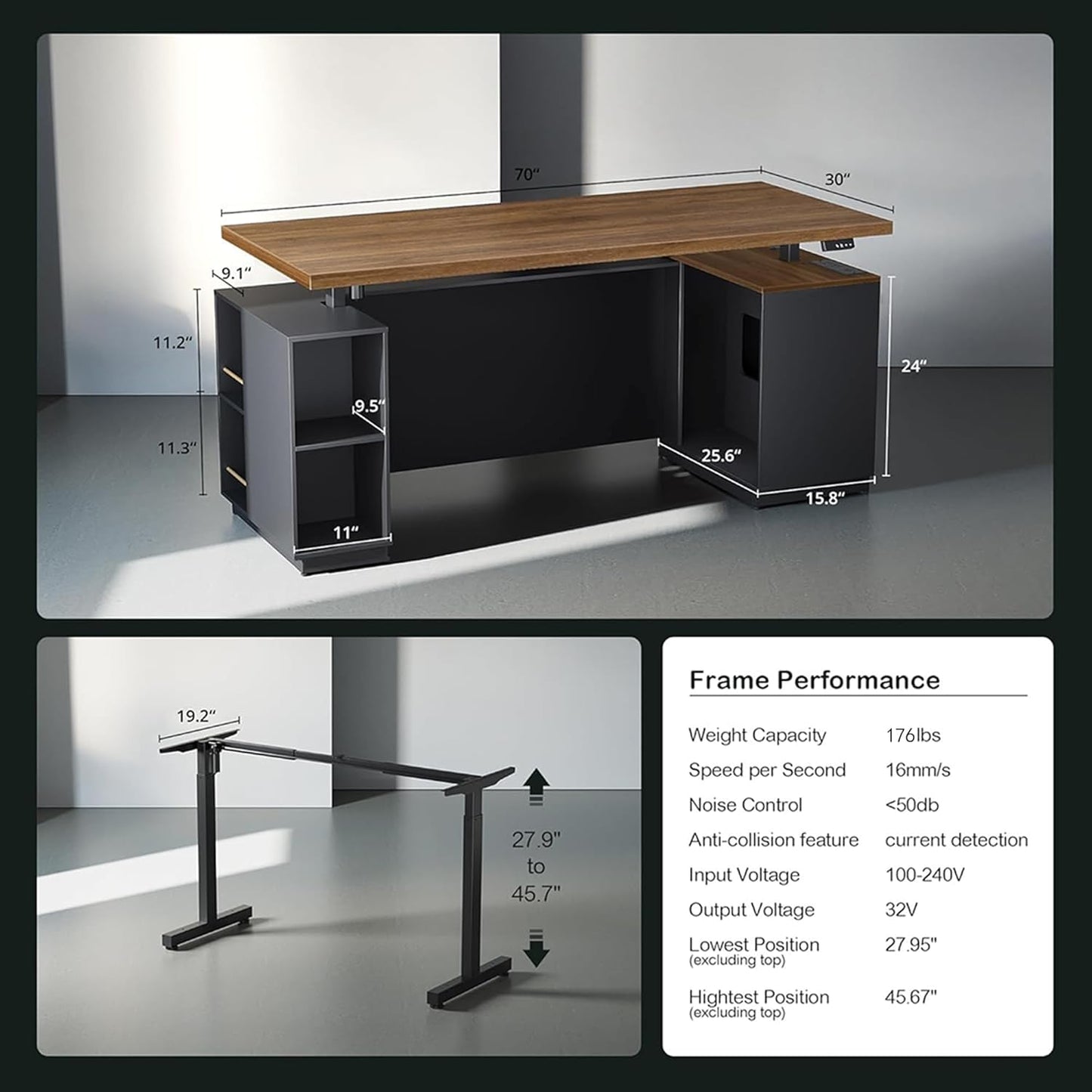 71" Executive Standing Desk One-Piece Desktop Black Walnut