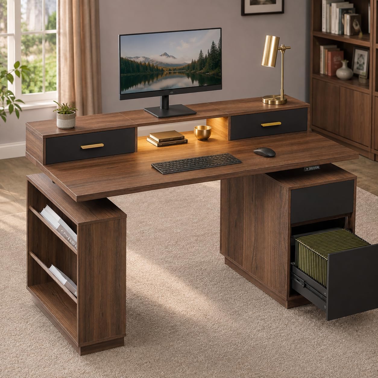 63" Electric Executive Standing Desk with LED Lighting, Monitor Riser & File Cabinet, Black Walnut