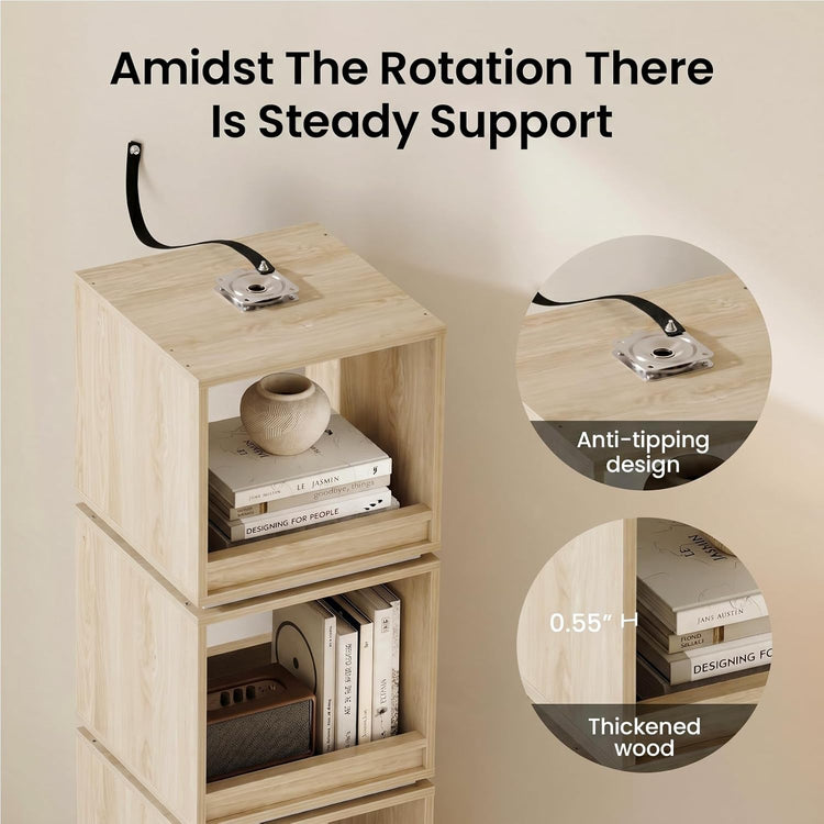 Stacked open cabinets are shown with a wall strap and rotating base hardware