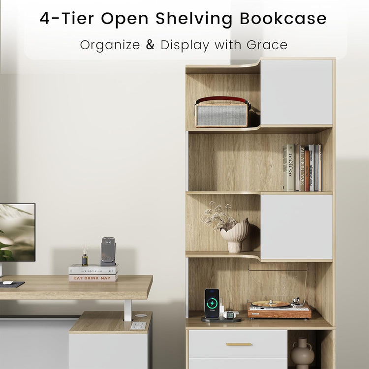 74.4" Tall L-Shaped Corner Bookshelf, 7-Tier Bookcase Light Walnut