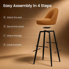 An assembly graphic separates an orange upholstered barstool seat, swivel plate, black legs, and footrests into steps