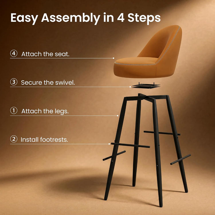 An assembly graphic separates an orange upholstered barstool seat, swivel plate, black legs, and footrests into steps