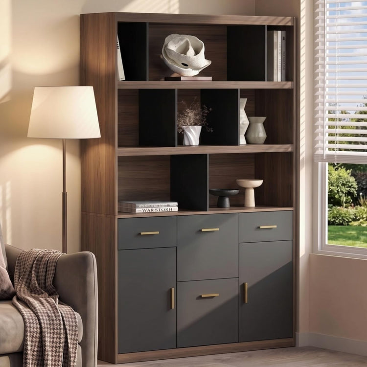 Wood storage cabinet with open shelving, dark doors and drawers, and brass-tone handles.