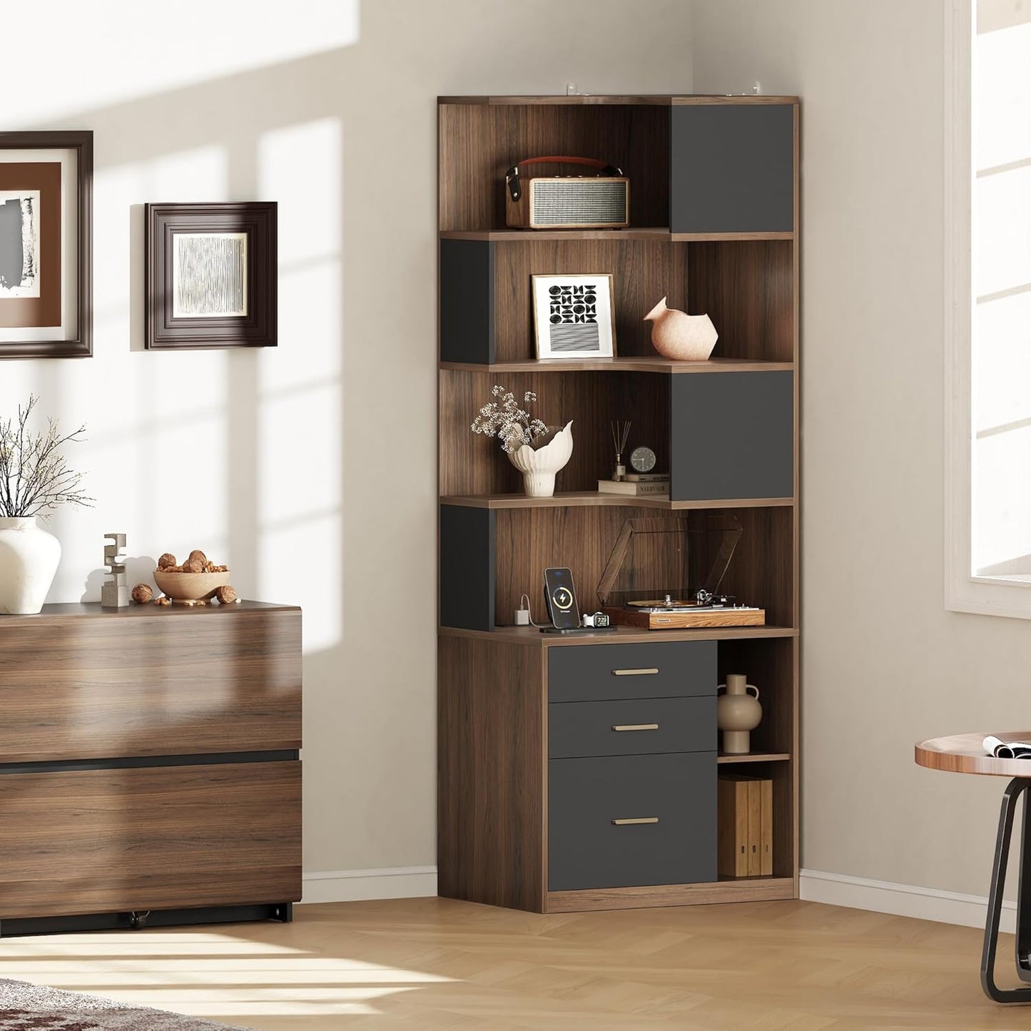 74.4" Tall L-Shaped Corner Bookshelf, 7-Tier Bookcase Black Walnut