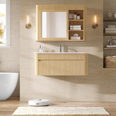 Floating fluted wood-tone vanity and matching mirrored cabinet with open side shelves in a bright bathroom