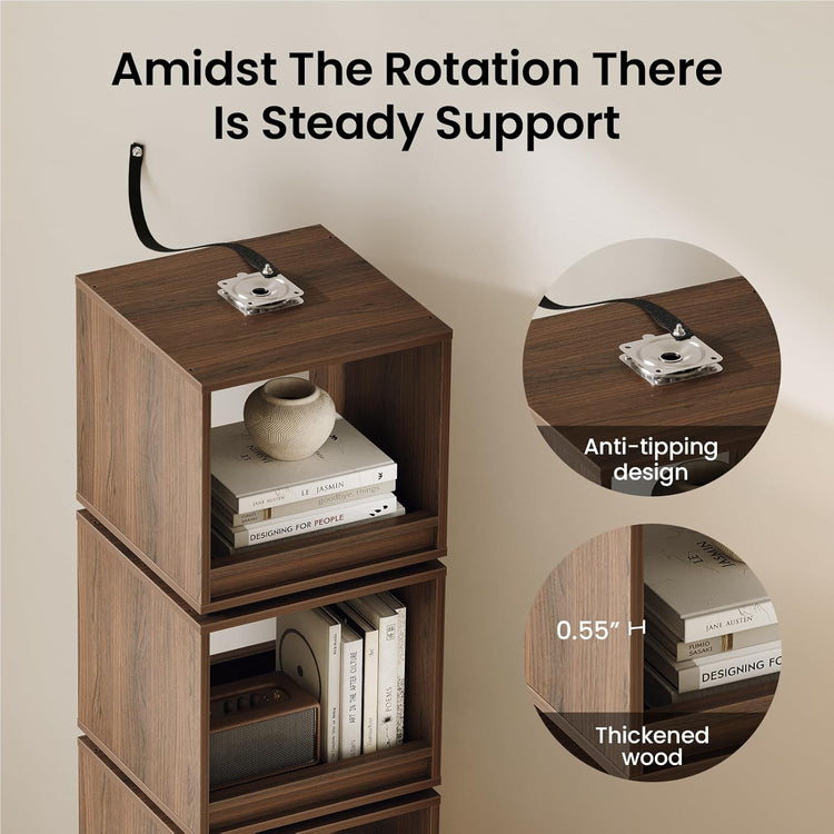 4-Tier 360° Rotating Bookshelf Tower, 59" Wood Organizer Black Walnut
