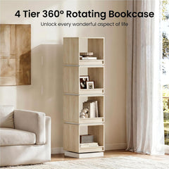Tall narrow wood bookcase with stacked open compartments stands beside a sofa and curtains