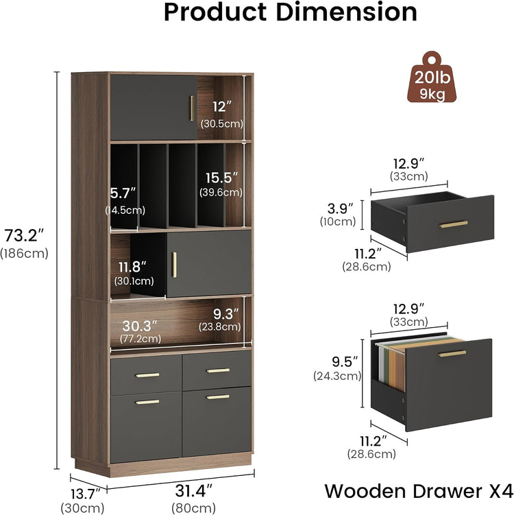 73" Tall Bookcase with 4 Drawers and Doors, Modern Office Storage Cabinet