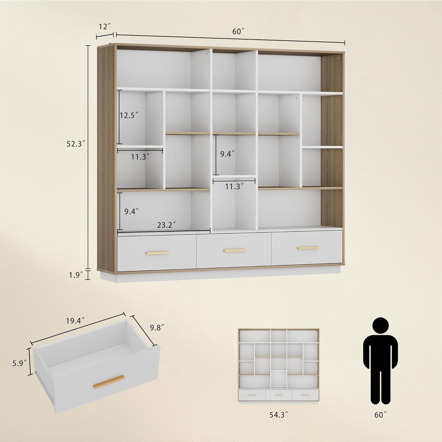 60" Bookshelf with Drawers, White Walnut Cube Storage Organizer