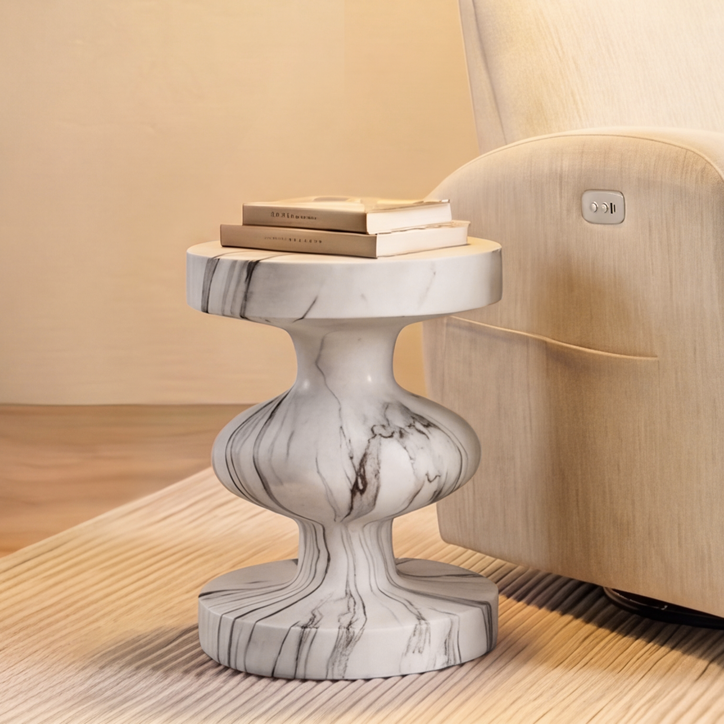 [Pre-Sale] Vase Pedestal Round Side Table - White Marble-Look Finish