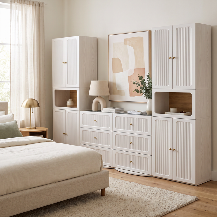 Storage Cabinet System, 126" Modular with Fluted Doors, Drawers & Display Niches, FlexMod Collection