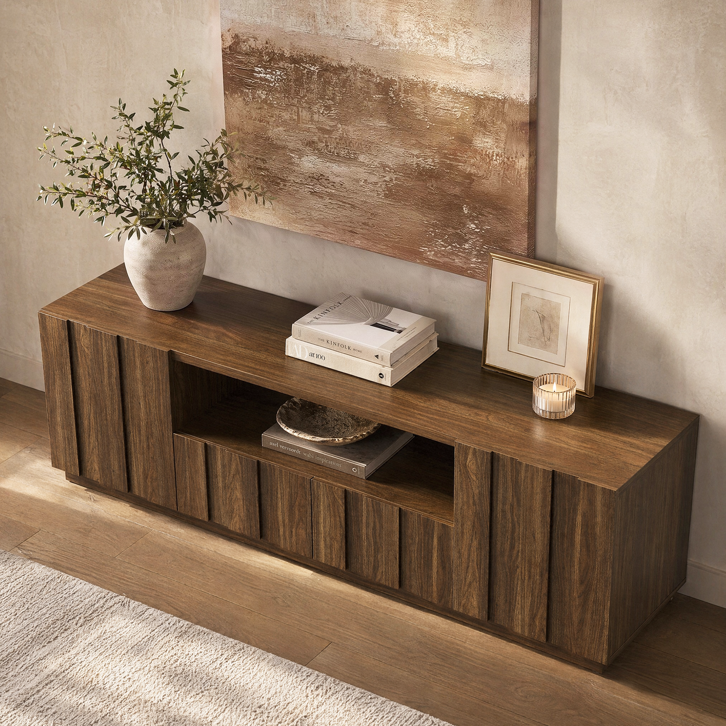 78.7-Inch Fluted TV Stand with Storage for 80-Inch TVs in Walnut