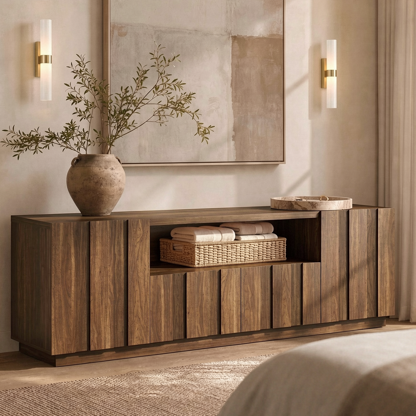 78.7-Inch Fluted TV Stand with Storage for 80-Inch TVs in Walnut