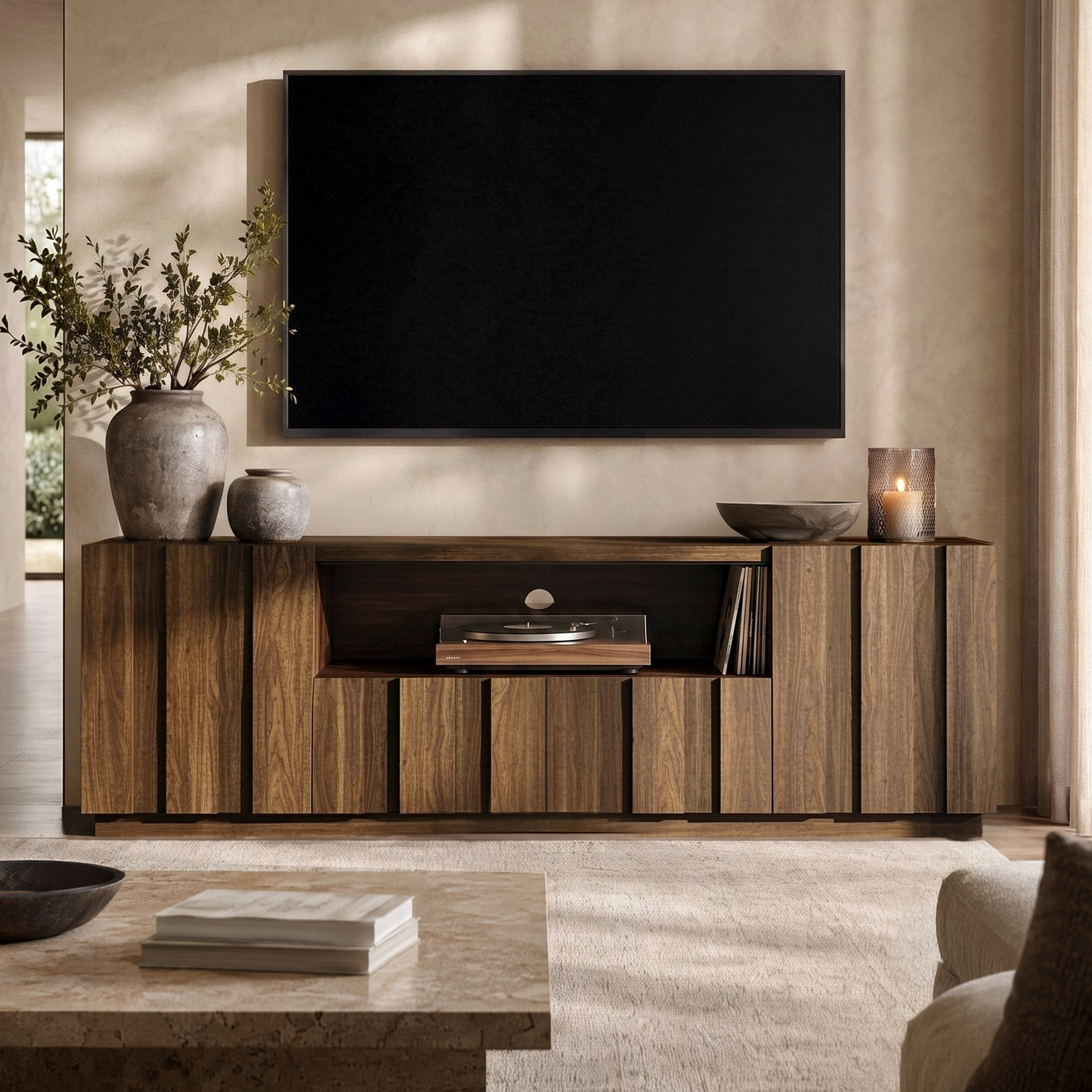 78.7-Inch Fluted TV Stand with Storage for 80-Inch TVs in Walnut