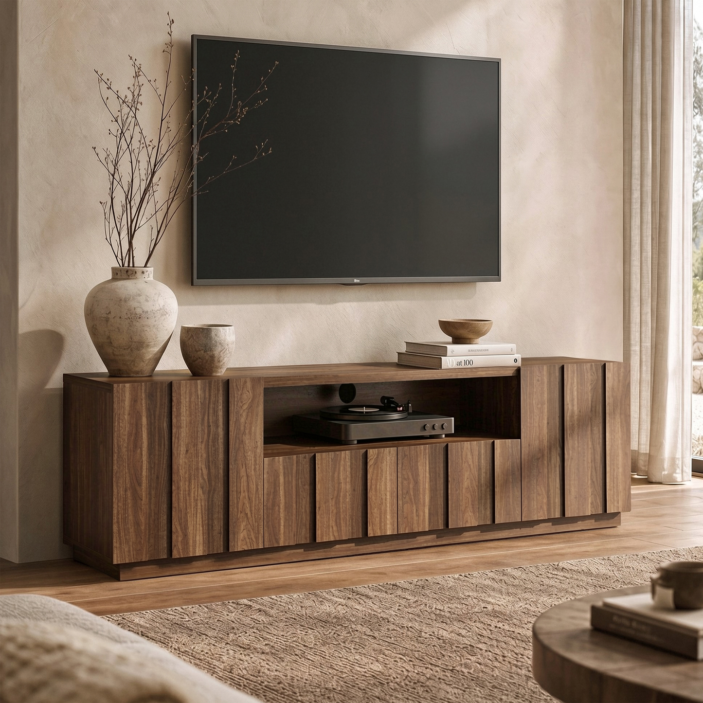 78.7-Inch Fluted TV Stand with Storage for 80-Inch TVs in Walnut