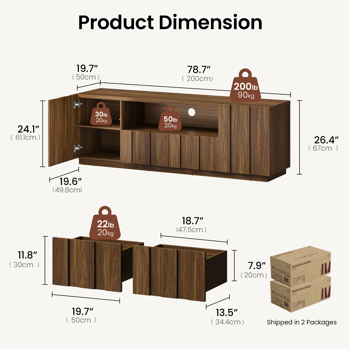 78.7-Inch Fluted TV Stand with Storage for 80-Inch TVs in Walnut