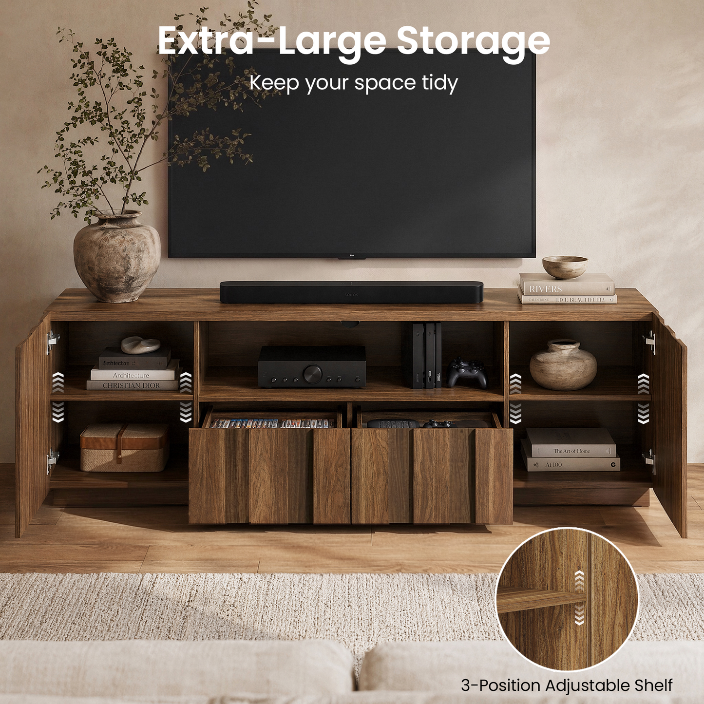 78.7-Inch Fluted TV Stand with Storage for 80-Inch TVs in Walnut