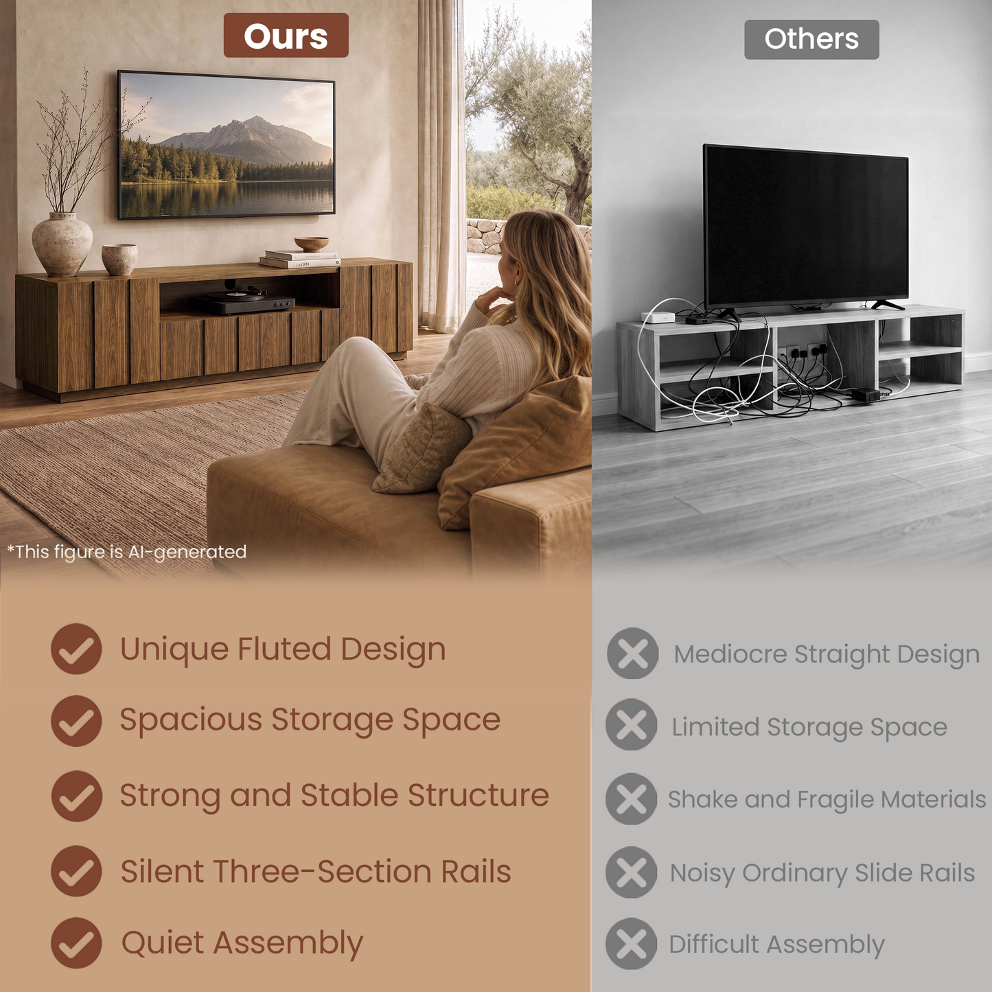 78.7-Inch Fluted TV Stand with Storage for 80-Inch TVs in Walnut