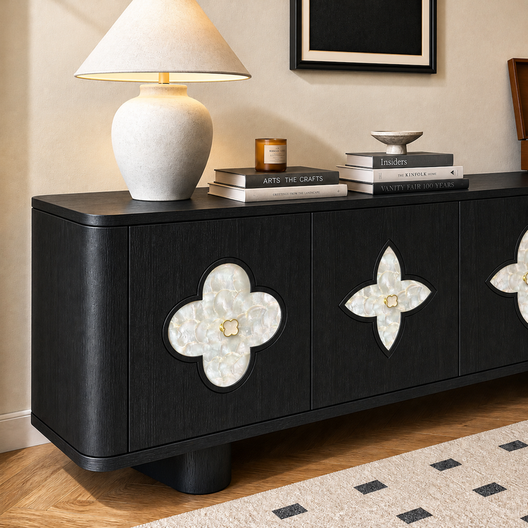 Black sideboard with rounded corners, pale four-lobed door insets and gold-colored knobs, topped with a lit cream lamp, stacked books, an amber candle jar and a small pedestal bowl.