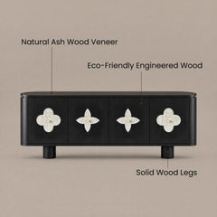 A black four-door sideboard with pale four-petal inlays, shown with callouts for natural ash wood veneer, engineered wood, and solid wood legs.