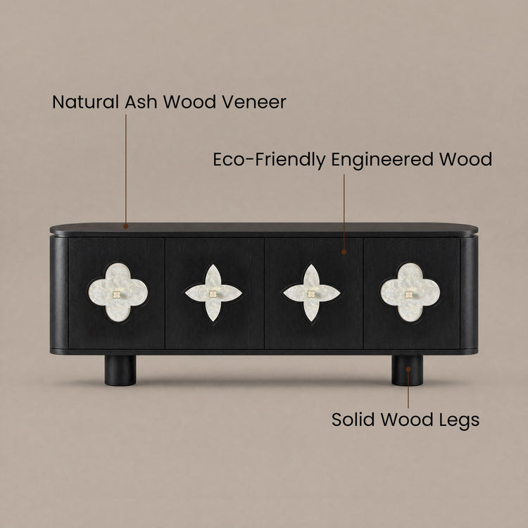 A black four-door sideboard with pale four-petal inlays, shown with callouts for natural ash wood veneer, engineered wood, and solid wood legs.
