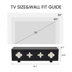 TV size and wall fit guide showing 75-inch, 80-inch, and 85-inch screen outlines above a cabinet labeled 78.7 inches wide, 25.5 inches high, and 15.7 inches deep.