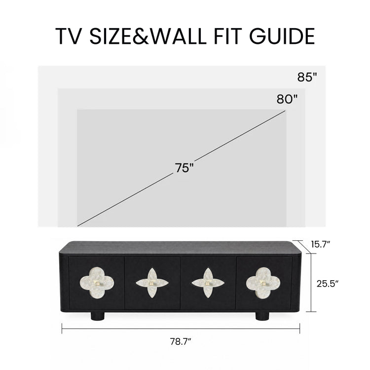 TV size and wall fit guide showing 75-inch, 80-inch, and 85-inch screen outlines above a cabinet labeled 78.7 inches wide, 25.5 inches high, and 15.7 inches deep.