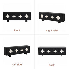 Four views of a black cabinet with four doors, each decorated with a white floral-shaped inset and small gold center.