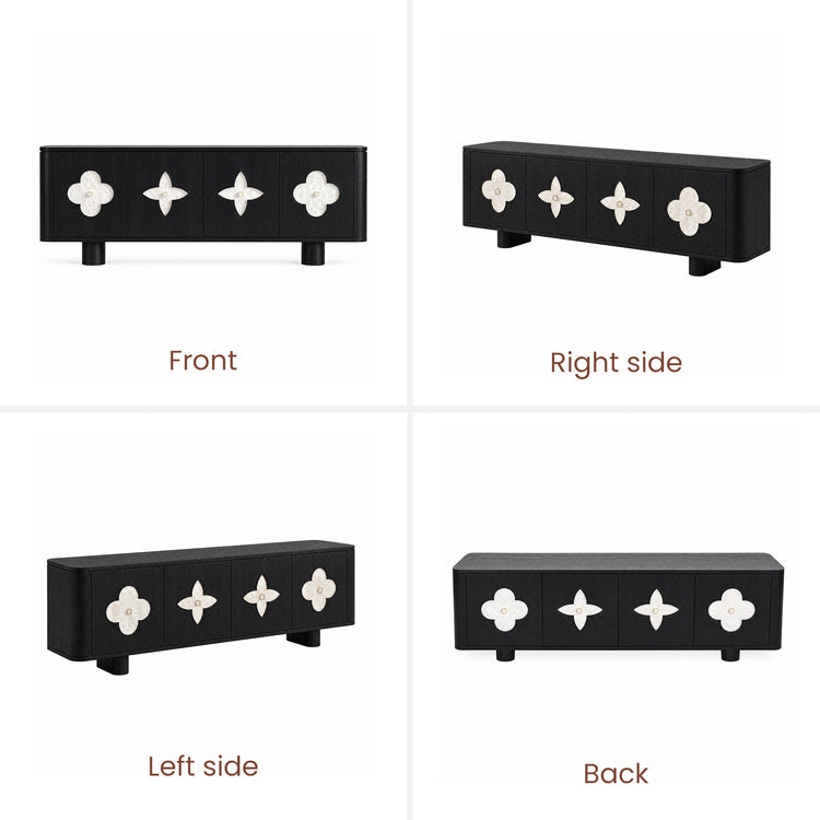 Four views of a black cabinet with four doors, each decorated with a white floral-shaped inset and small gold center.