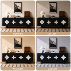 Four panels compare a black sideboard with pale floral door motifs under bright, dim, warm and cold light, with a lamp, books and record player on top.
