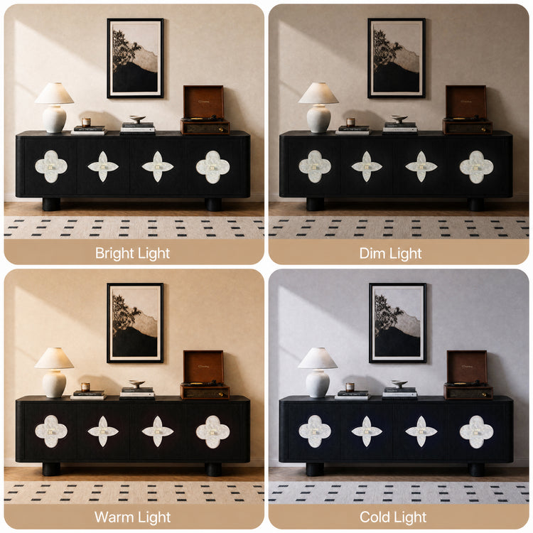 Four panels compare a black sideboard with pale floral door motifs under bright, dim, warm and cold light, with a lamp, books and record player on top.