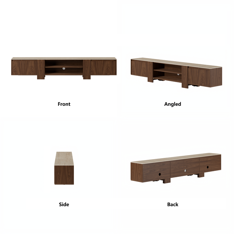 [Pre-Sale] 78.7-Inch Wide Dark Walnut Veneer TV Stand with Roman Travertine Top and Open Media Shelf