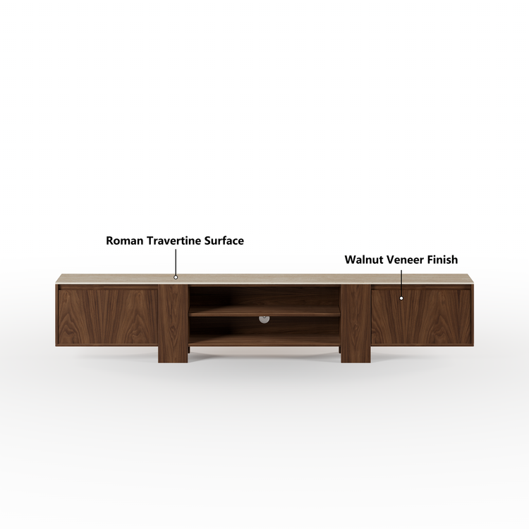 [Pre-Sale] 78.7-Inch Wide Dark Walnut Veneer TV Stand with Roman Travertine Top and Open Media Shelf