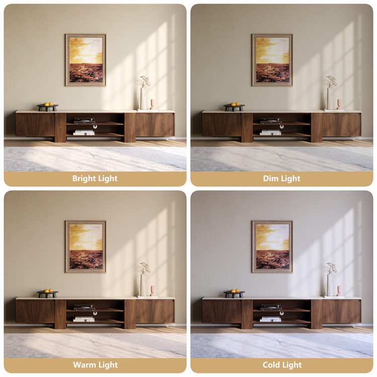 [Pre-Sale] 78.7-Inch Wide Dark Walnut Veneer TV Stand with Roman Travertine Top and Open Media Shelf