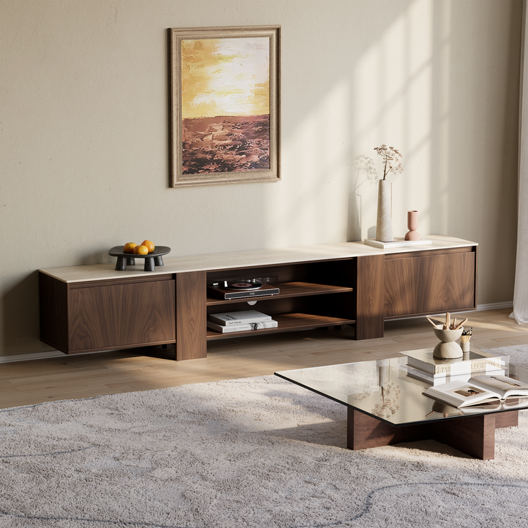 [Pre-Sale] 78.7-Inch Wide Dark Walnut Veneer TV Stand with Roman Travertine Top and Open Media Shelf