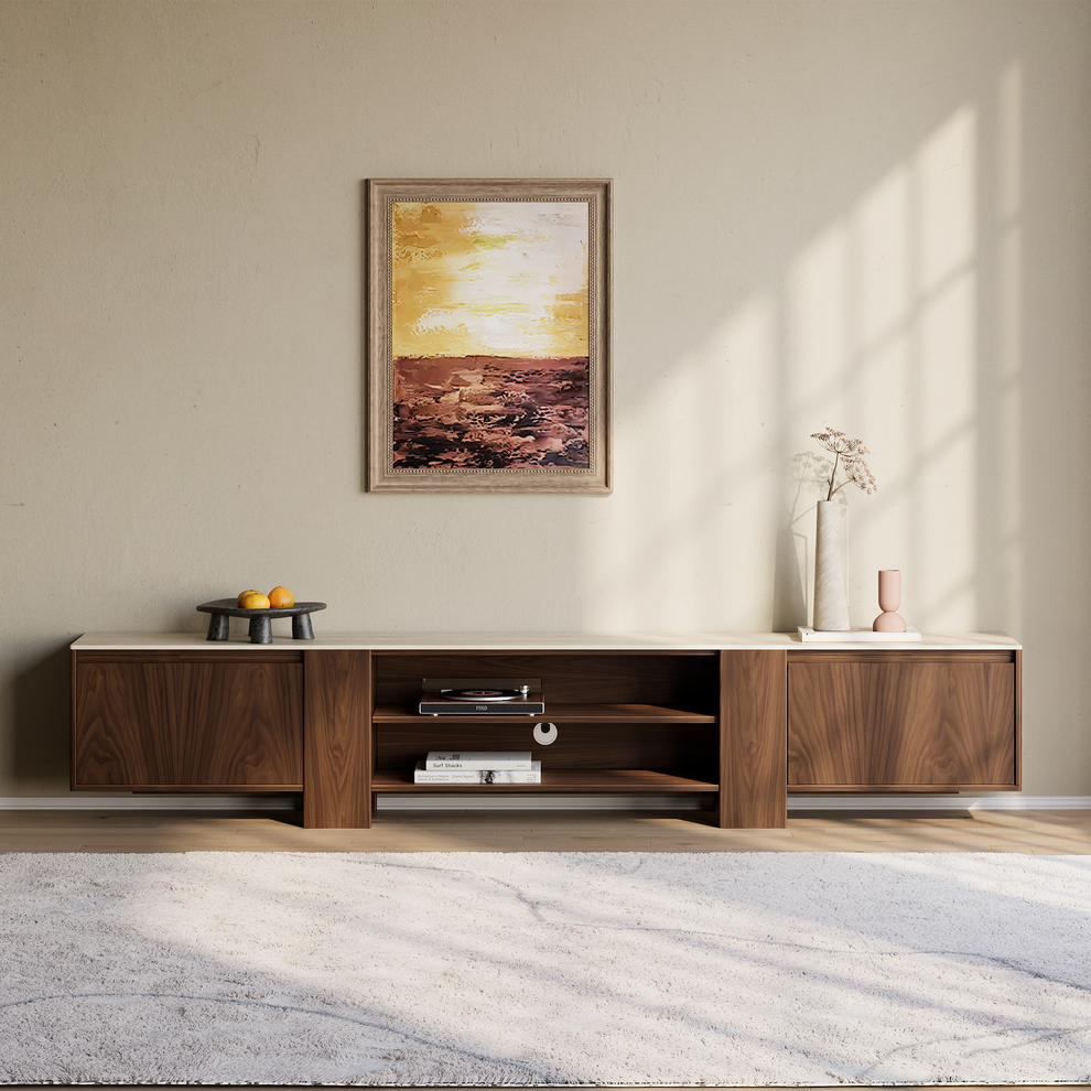 [Pre-Sale] 78.7-Inch Wide Dark Walnut Veneer TV Stand with Roman Travertine Top and Open Media Shelf