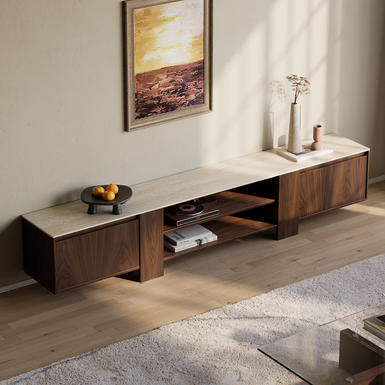 [Pre-Sale] 78.7-Inch Wide Dark Walnut Veneer TV Stand with Roman Travertine Top and Open Media Shelf
