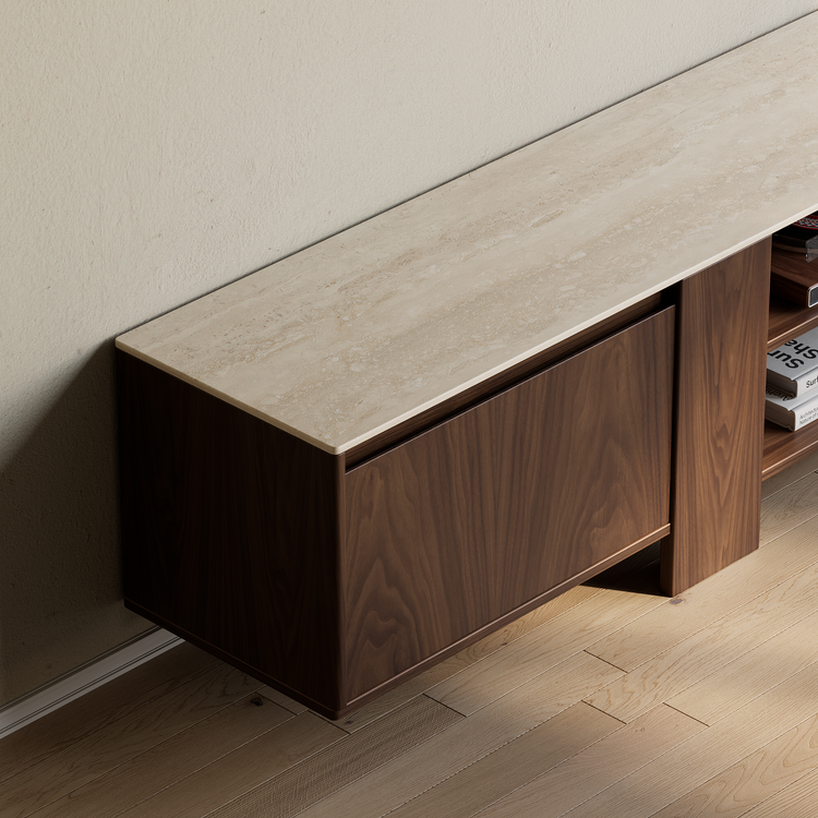 [Pre-Sale] 78.7-Inch Wide Dark Walnut Veneer TV Stand with Roman Travertine Top and Open Media Shelf