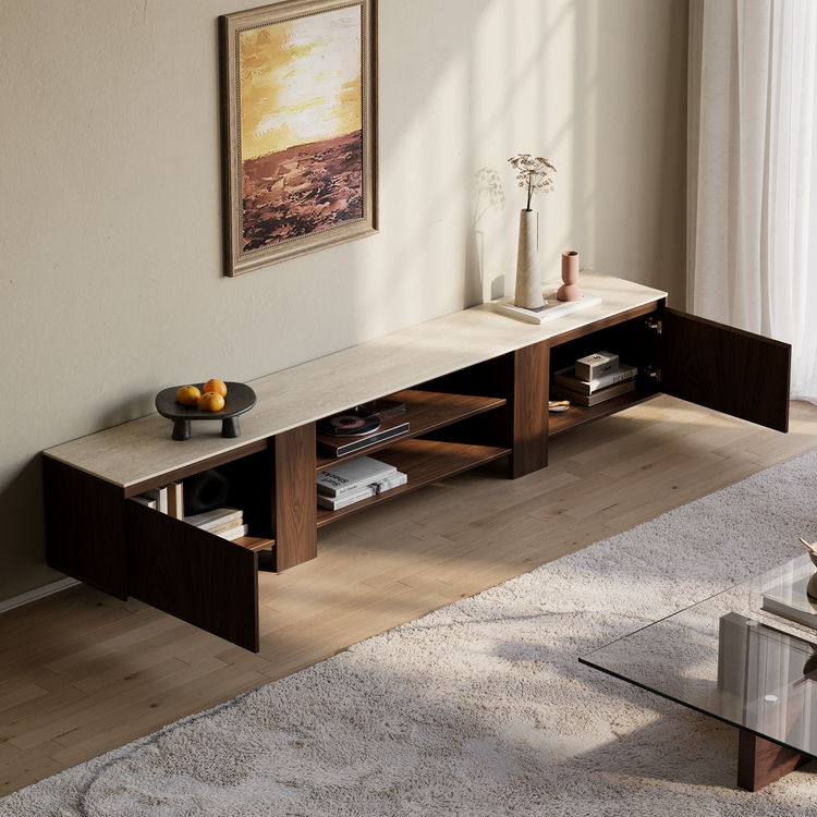 [Pre-Sale] 78.7-Inch Wide Dark Walnut Veneer TV Stand with Roman Travertine Top and Open Media Shelf