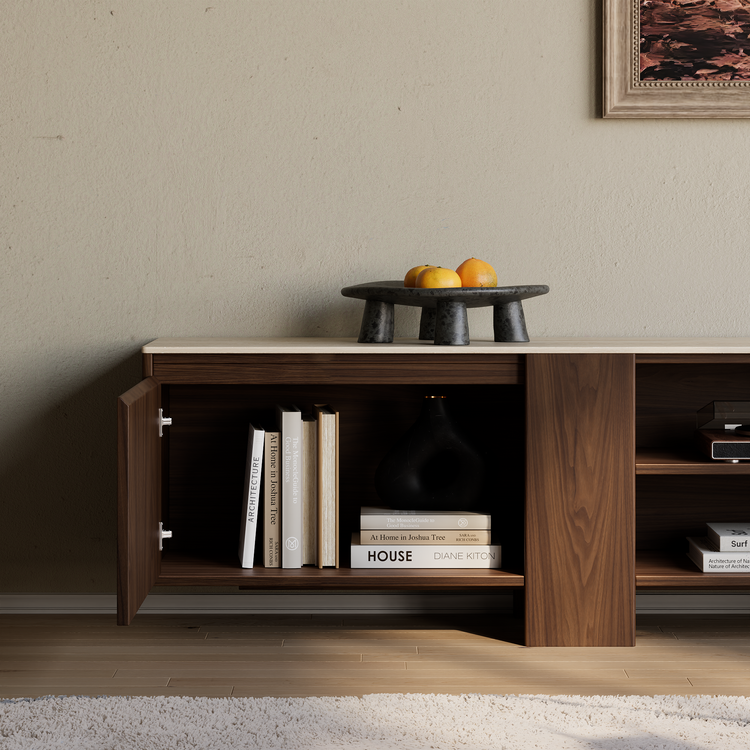 [Pre-Sale] 78.7-Inch Wide Dark Walnut Veneer TV Stand with Roman Travertine Top and Open Media Shelf
