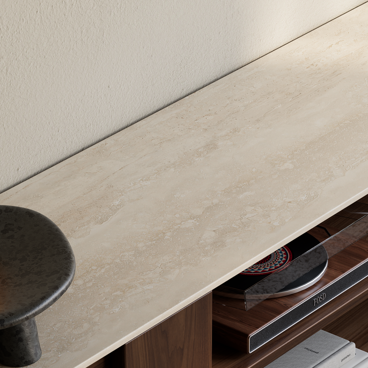 [Pre-Sale] 78.7-Inch Wide Dark Walnut Veneer TV Stand with Roman Travertine Top and Open Media Shelf