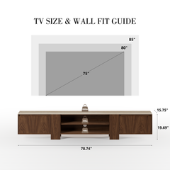 TV size and wall fit guide infographic showing recommended TV dimensions above a wood media console with height and width measurements labeled.