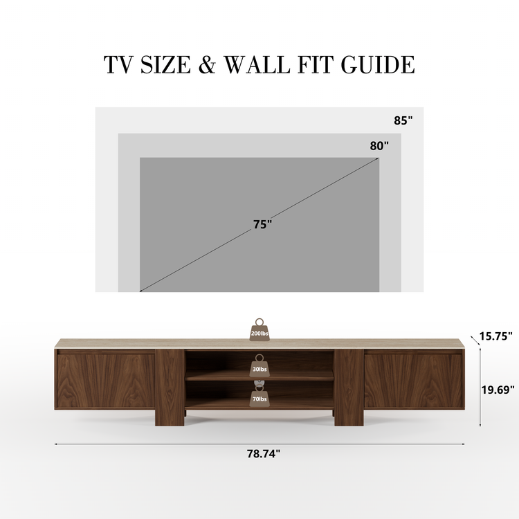TV size and wall fit guide infographic showing recommended TV dimensions above a wood media console with height and width measurements labeled.