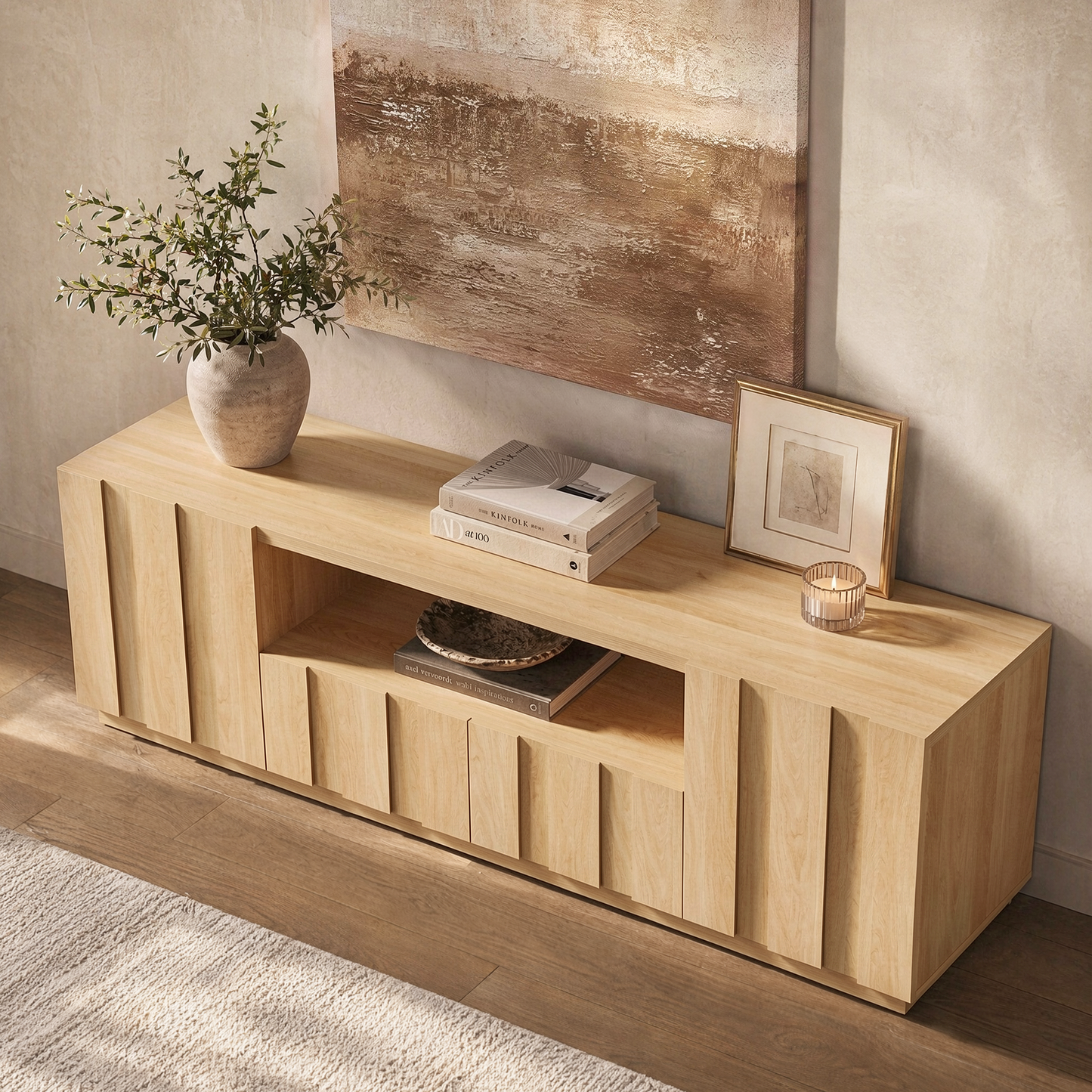 78.7-Inch Fluted TV Stand with Storage for 80-Inch TVs, Natural